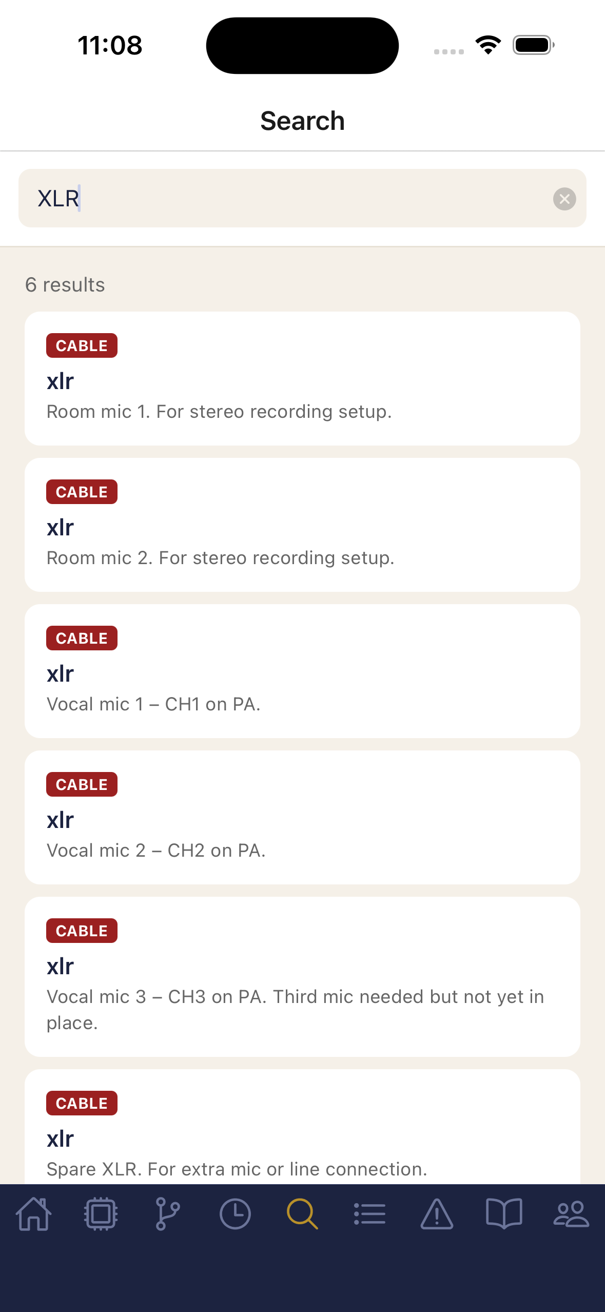 Search screen showing XLR cable results